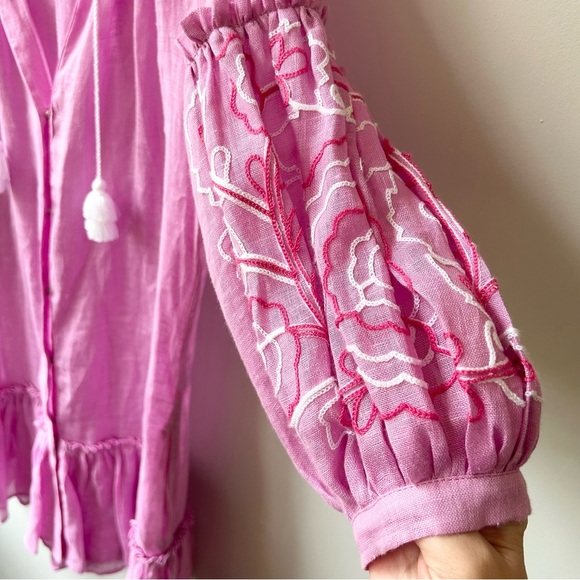 ELEVEN March 11 Pink Linen Embroidered drop waist tassel Tunic Dress - Picture 4 of 12